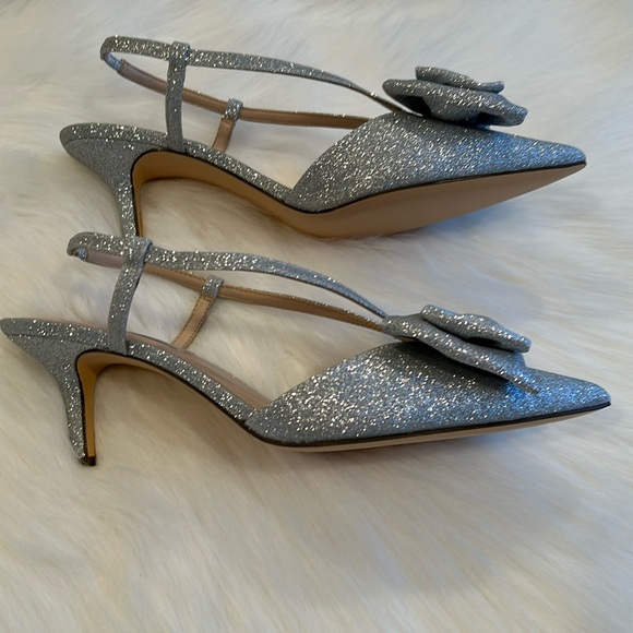 NWB Nina Bow-Topped Silver Sparkle Slip on Strap Heels - Picture 6 of 14